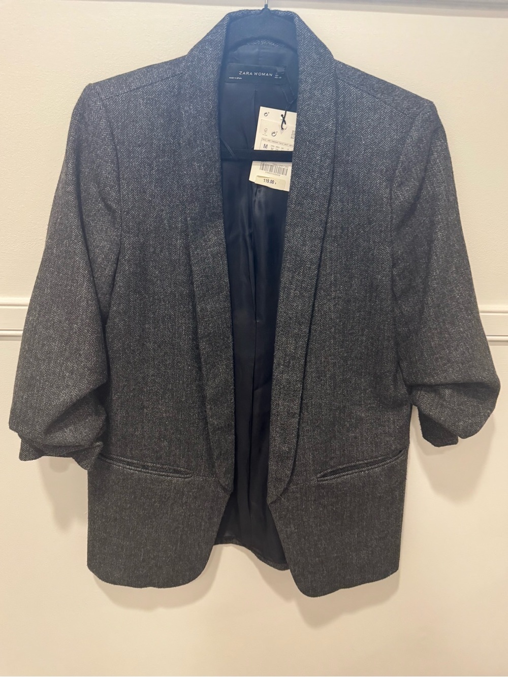 ZARA Herringbone Wool Blend Ruched Sleeve Open Blazer - NWT - Picture 4 of 7